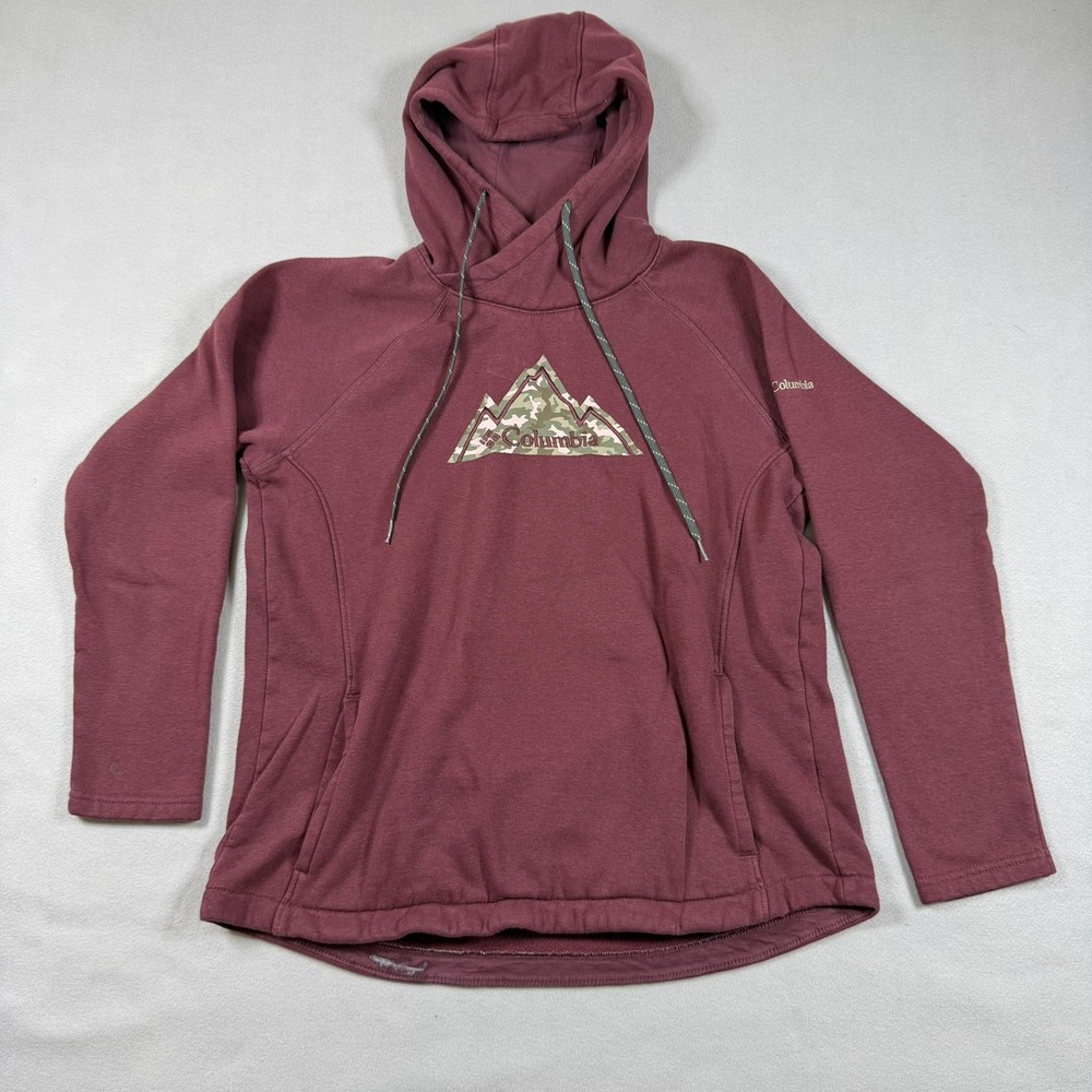 Columbia Womens Hoodie Burgundy Camo Mountain Graphic Fleece Pullover Medium